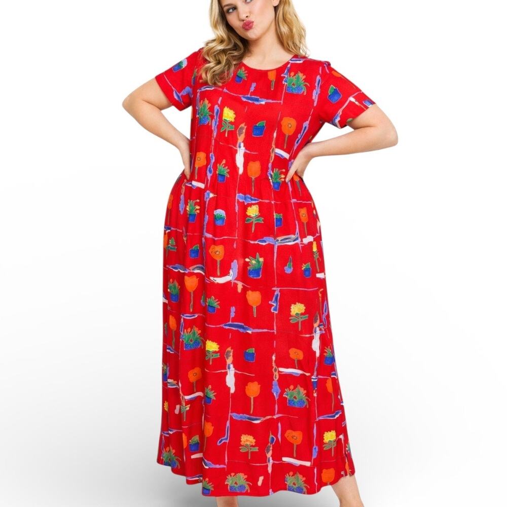 Vintage Spiegel Red Floral Rayon Maxi Dress Size 14 Made in USA Eclectic Artsy